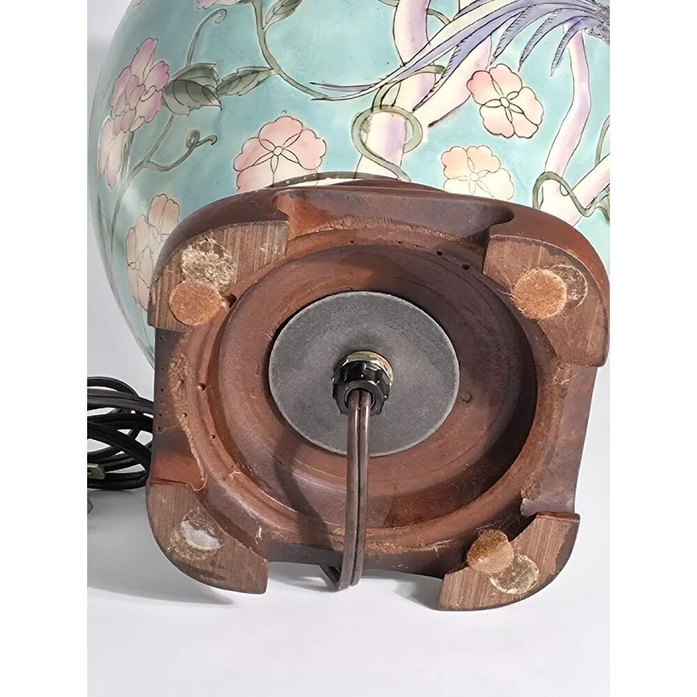 Vintage Floral Ceramic Table Lamp With Hand-Painted Bird Design On Wood Base
